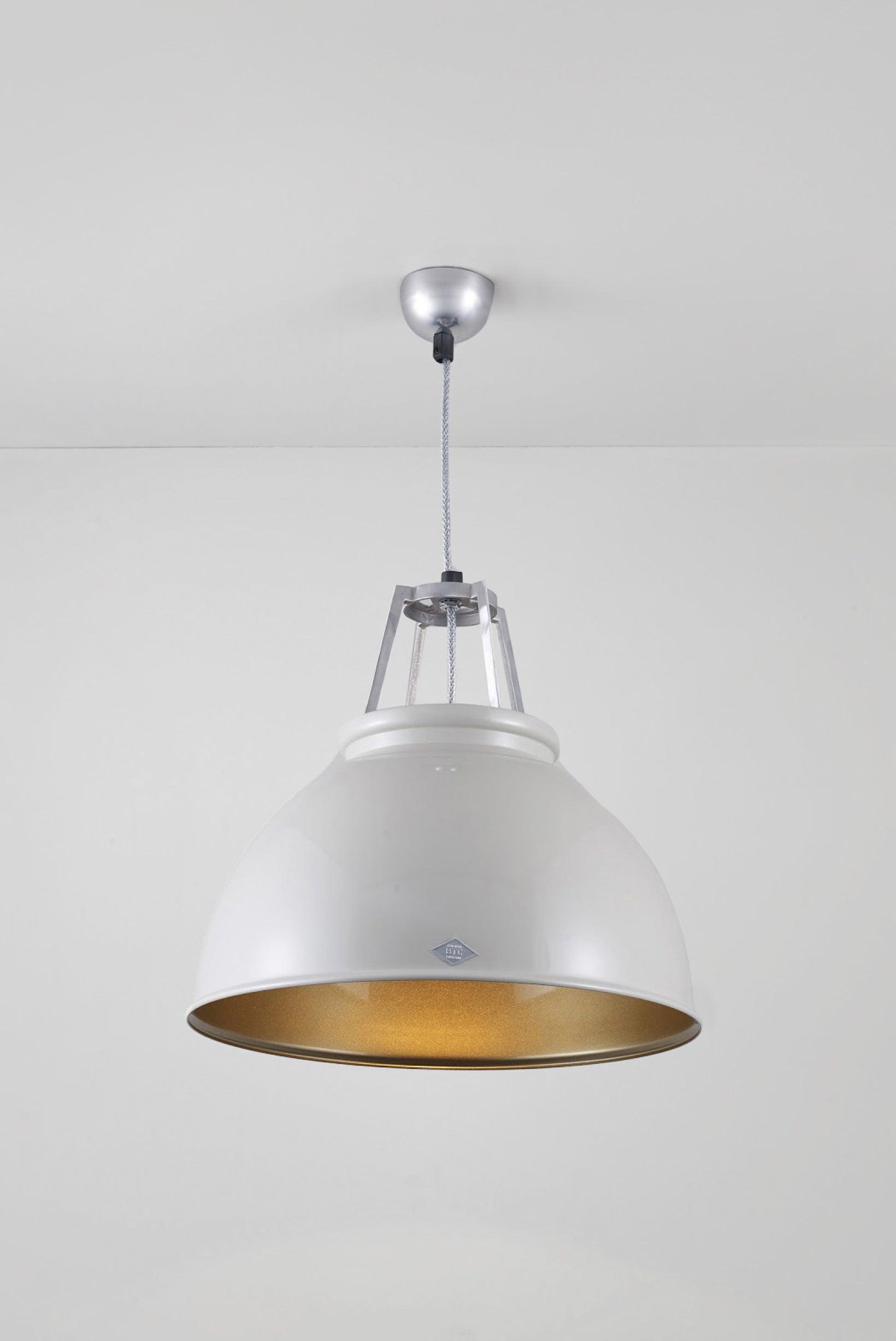Front view of an industrial pendant light for architectural interiors.