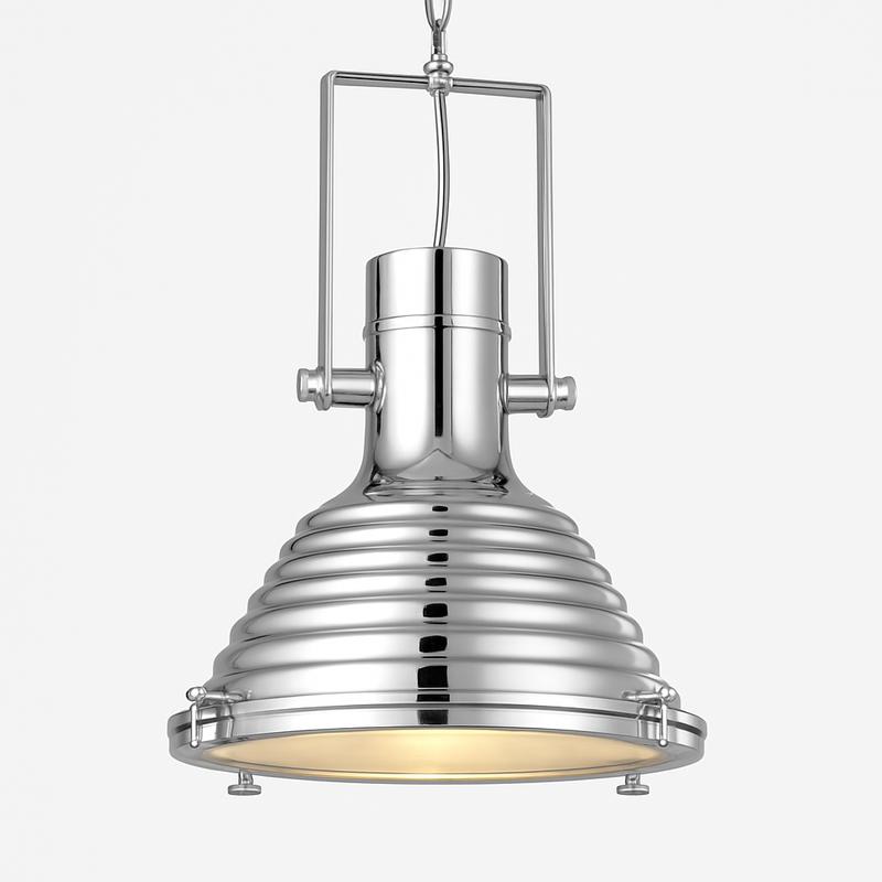 Front view of an industrial pendant light for architectural interiors.