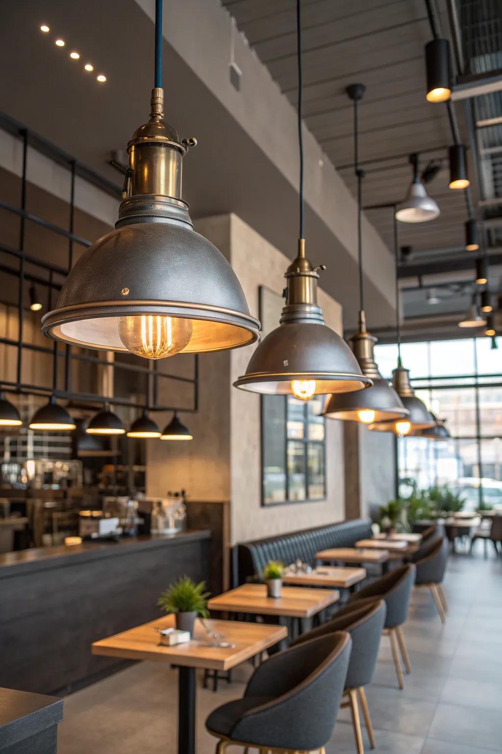 Industrial pendant lighting installed in a contemporary hospitality interior.
