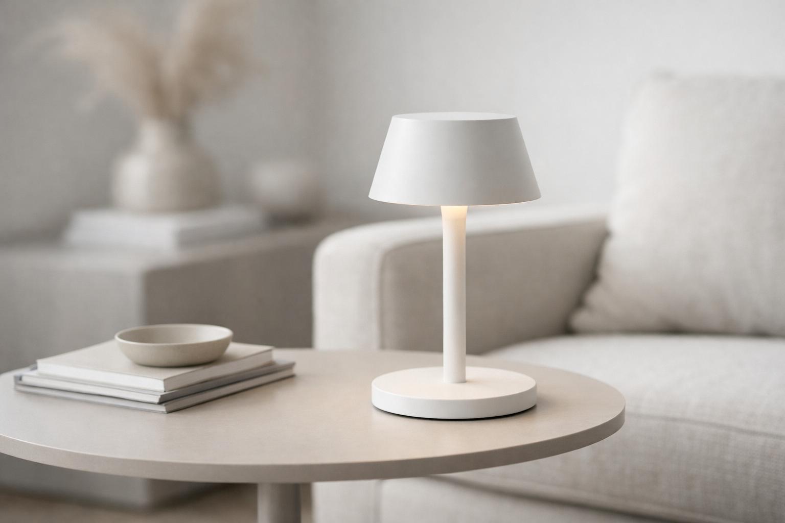 Minimal table lamp placed on a bedside table in a contemporary luxury hotel room creating warm ambient lighting.