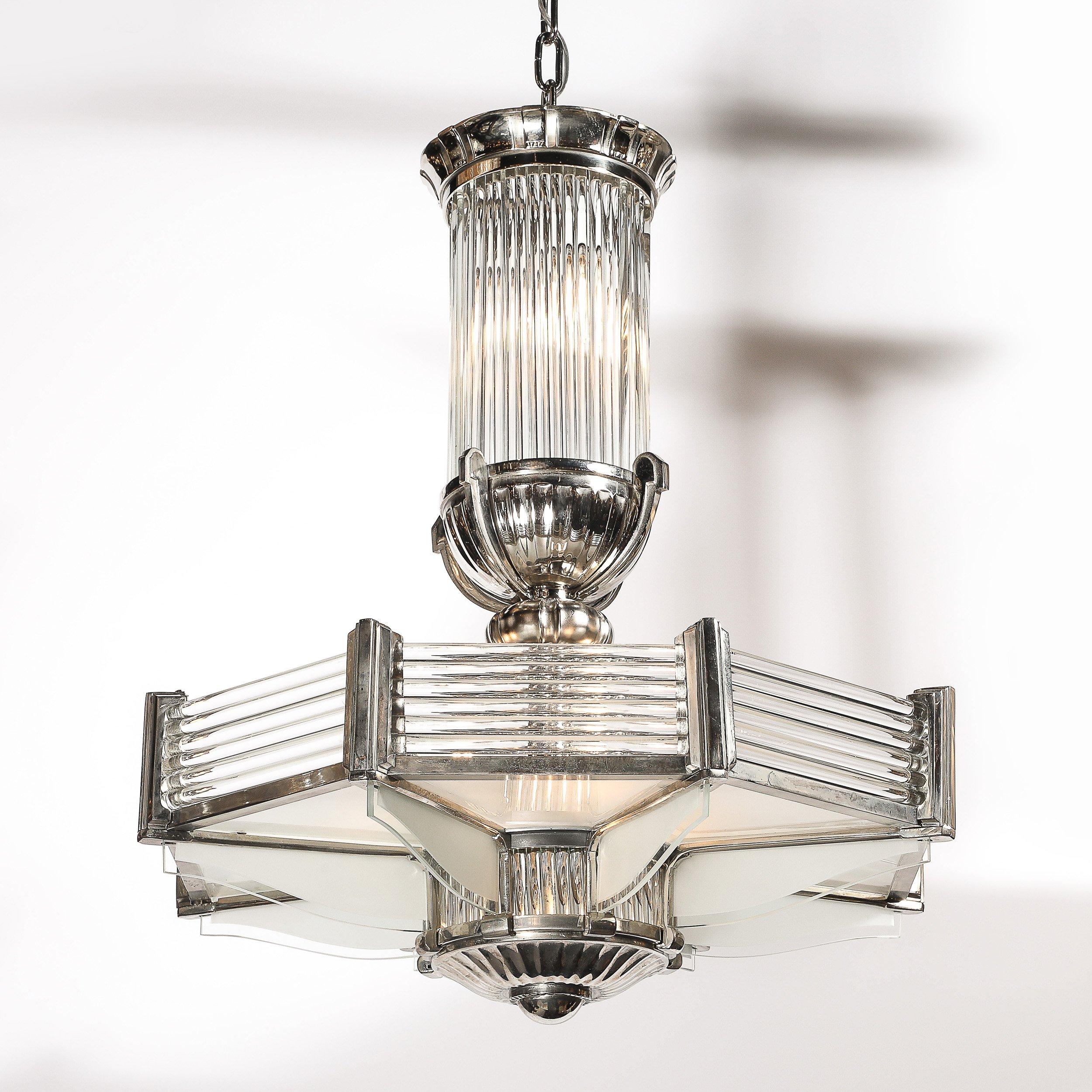 Front view of an elegant Art Deco chandelier with geometric detailing.