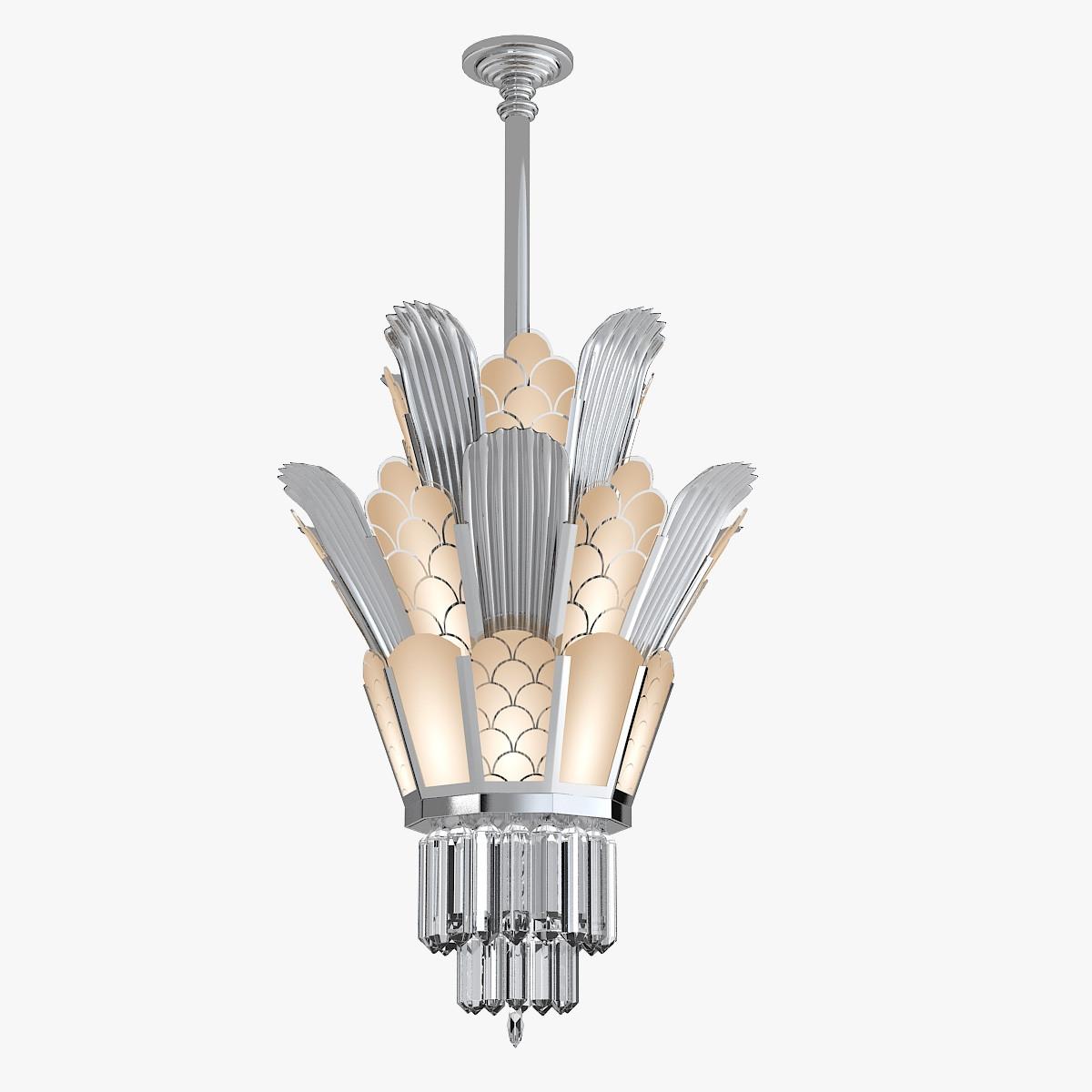 Front view of an elegant Art Deco chandelier with geometric detailing.