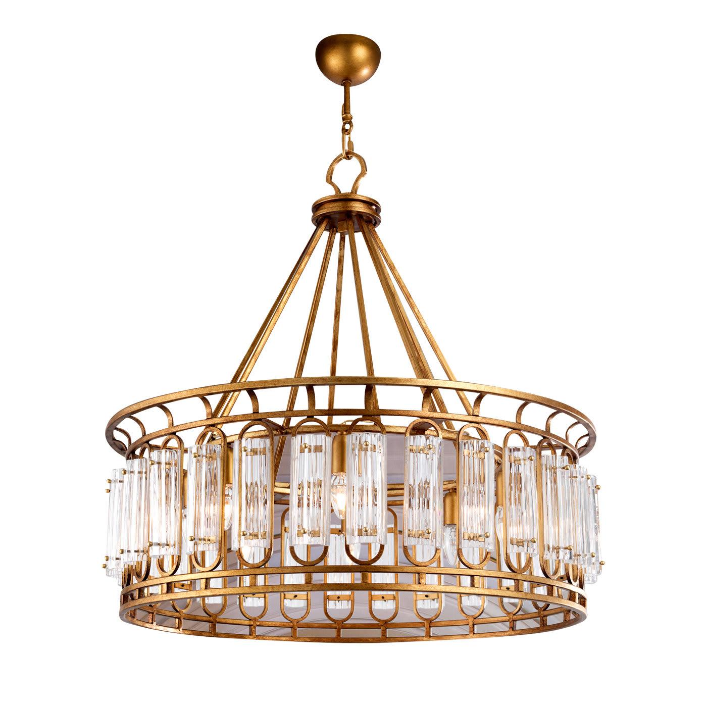 Front view of an elegant Art Deco chandelier with geometric detailing.