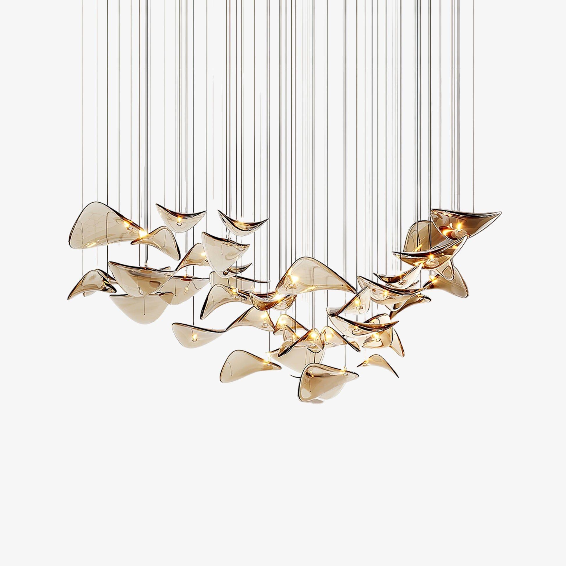 Front view of a contemporary sculptural chandelier with artistic architectural design.