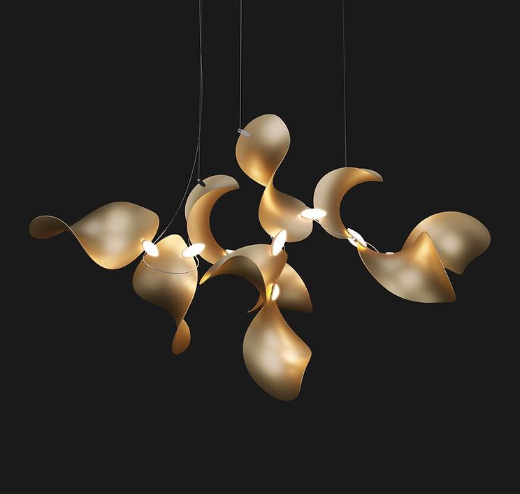 Front view of a contemporary sculptural chandelier with artistic architectural design.