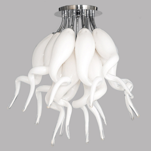 Front view of a contemporary sculptural chandelier with artistic architectural design.
