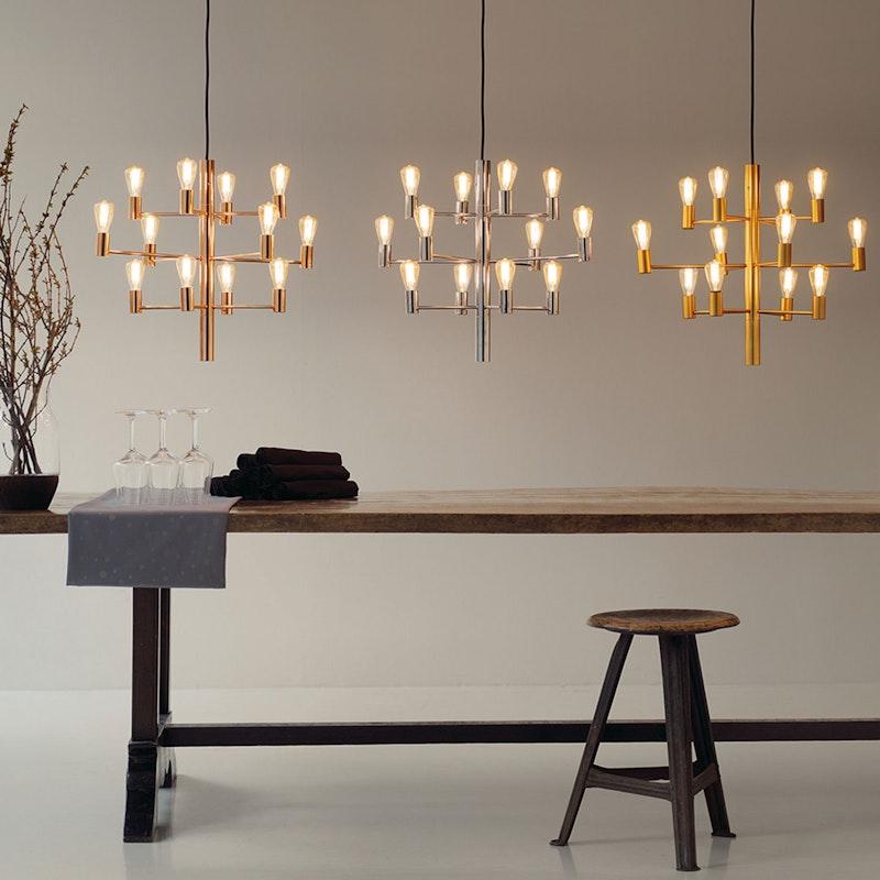Scandinavian chandelier family featuring multiple sizes and finishes.