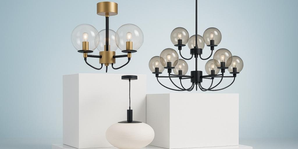 Scandinavian chandelier family featuring multiple sizes and finishes.