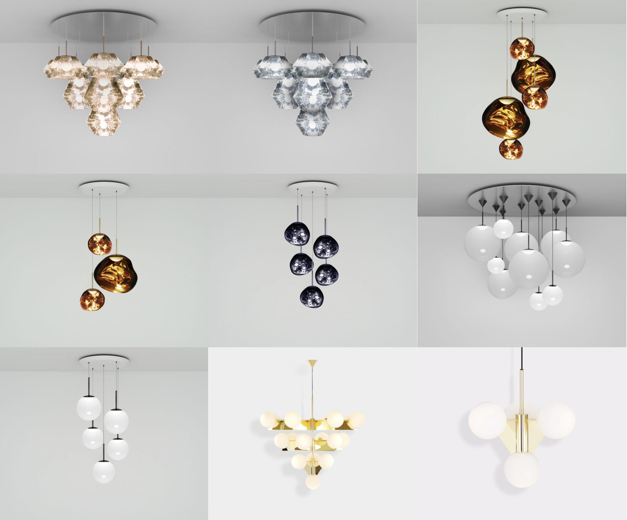 Luxury pendant lighting family featuring multiple sizes and design variations.