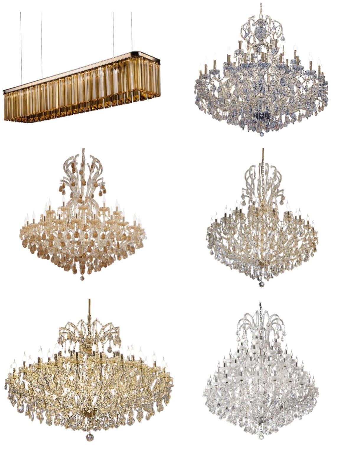 Luxury chandelier family featuring multiple sizes and elegant configurations.