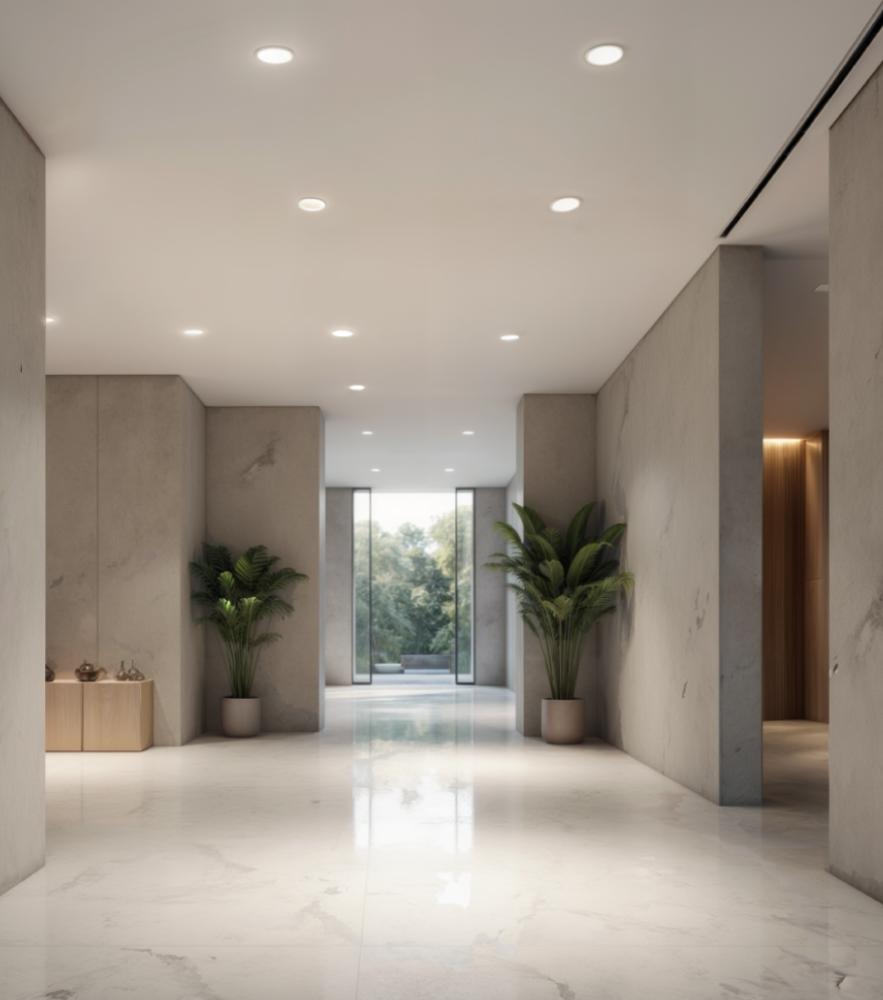 Invisible trimless downlights installed in a contemporary hospitality interior with seamless ceiling integration.