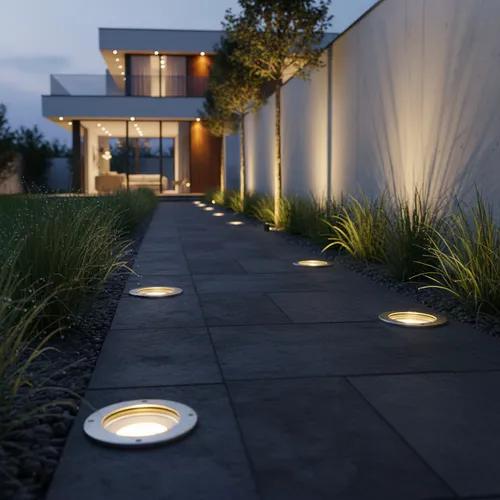Round inground lights installed in a contemporary landscape and public space.