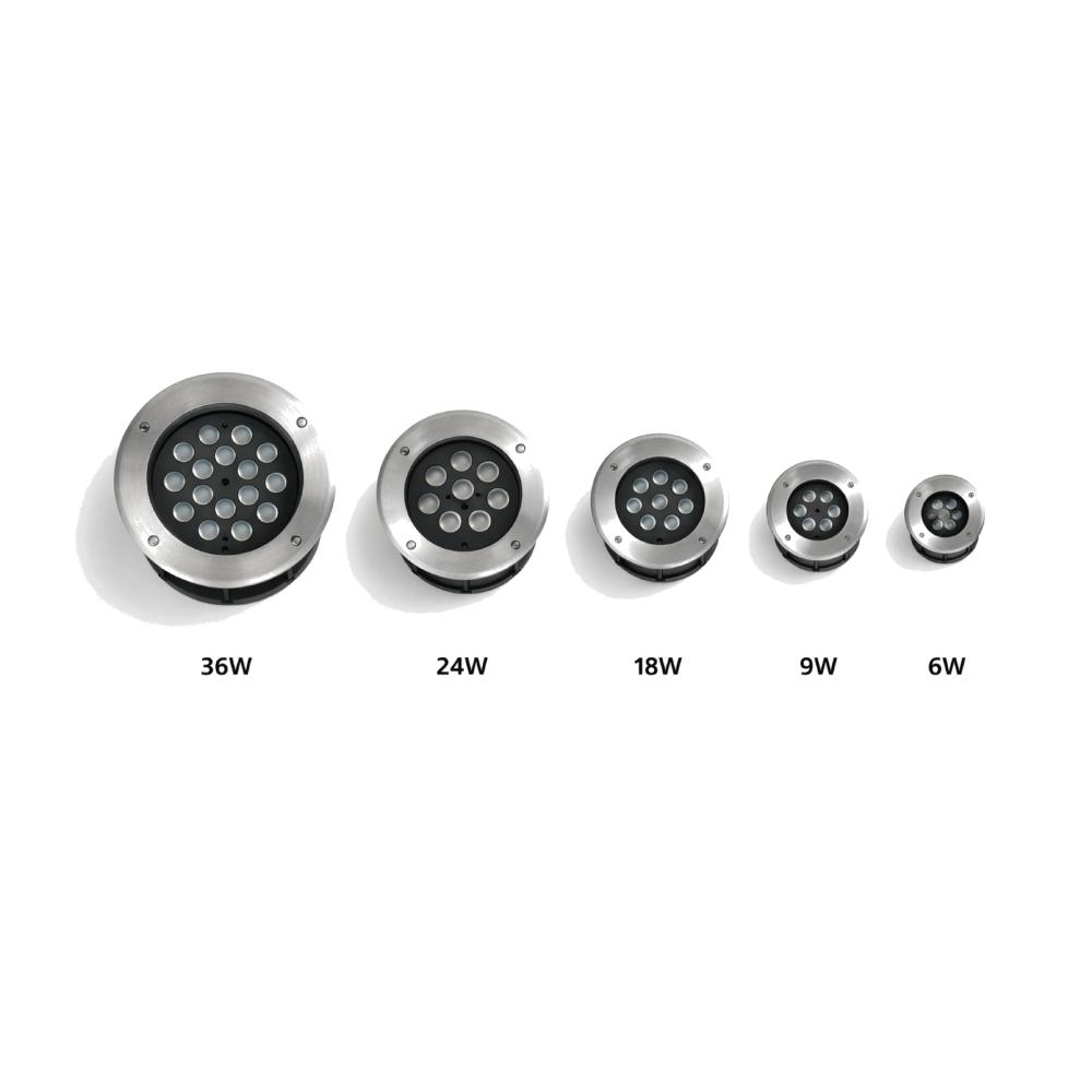 Round inground light family with size, bezel and finish variations.