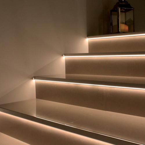 Stair LED profiles integrated into a contemporary architectural staircase.