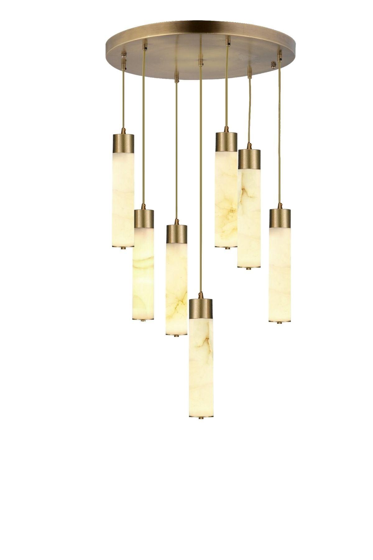 Marble chandelier photographed on a clean white studio background showcasing genuine natural stone and premium metal detailing.