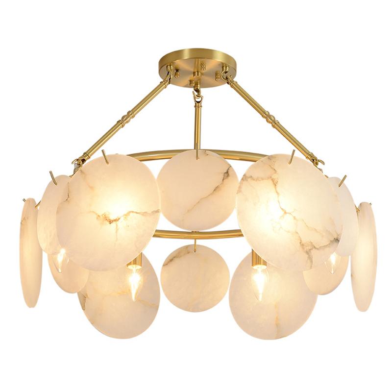 Marble chandelier photographed on a clean white studio background showcasing genuine natural stone and premium metal detailing.