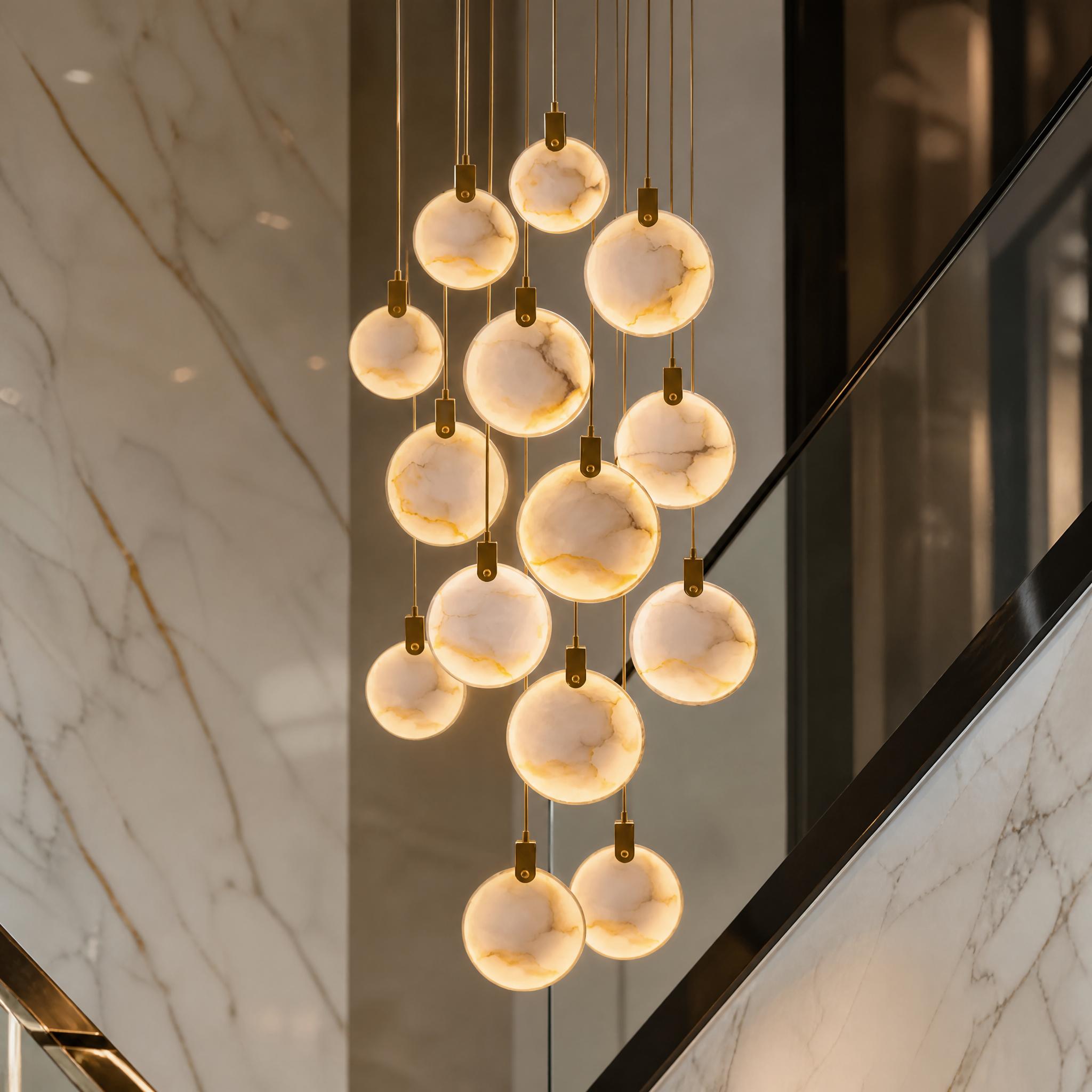 Luxury marble chandelier installed above a dining table in a contemporary hospitality interior, creating a refined architectural focal point.