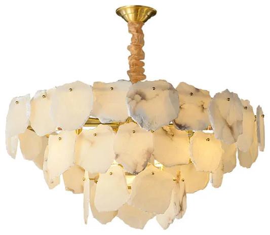 Marble chandelier photographed on a clean white studio background showcasing genuine natural stone and premium metal detailing.