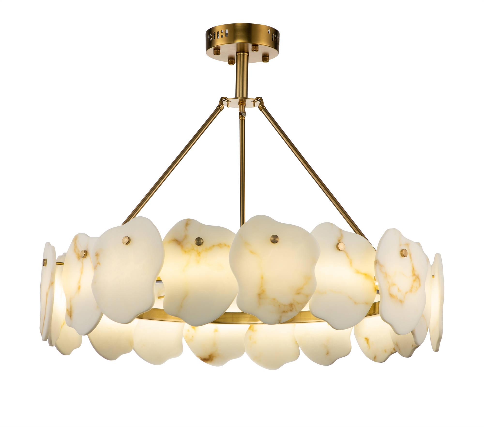 Marble chandelier photographed on a clean white studio background showcasing genuine natural stone and premium metal detailing.
