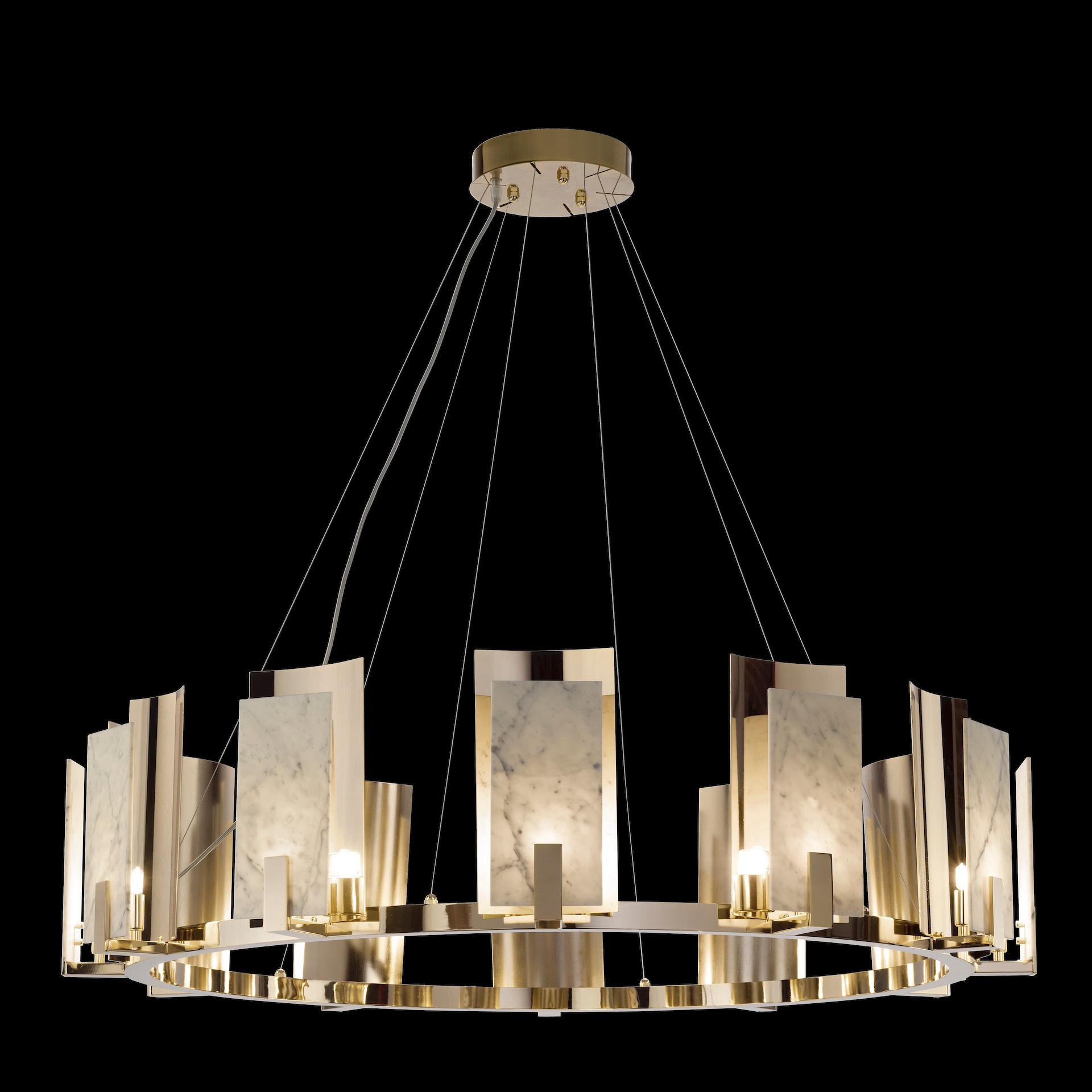 Front view of a luxury marble chandelier highlighting the natural veining and elegant architectural design.