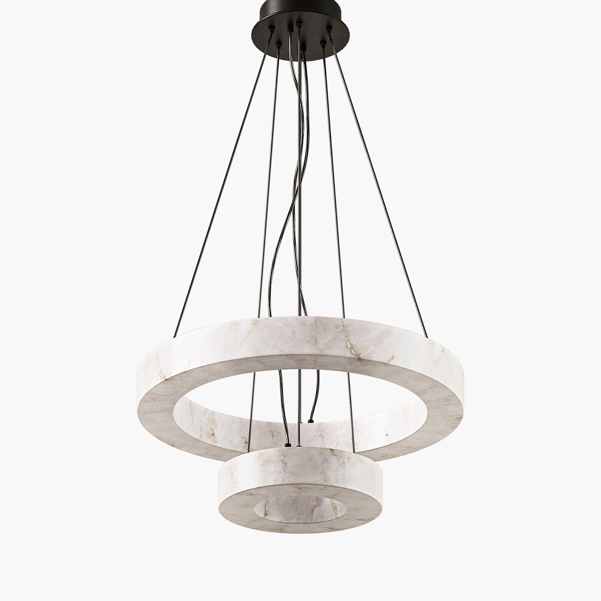 Front view of a luxury marble chandelier highlighting the natural veining and elegant architectural design.