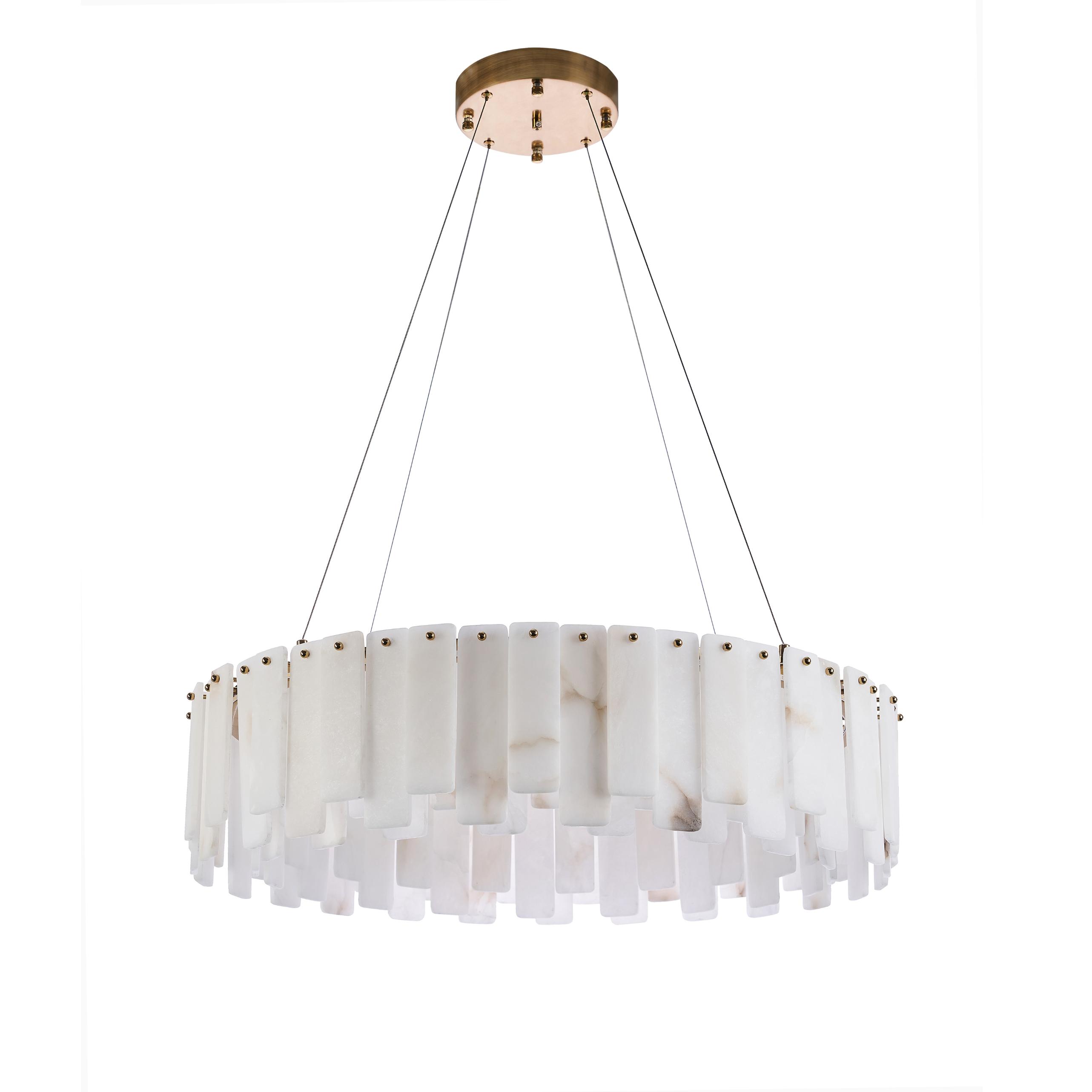 Marble chandelier photographed on a clean white studio background showcasing genuine natural stone and premium metal detailing.