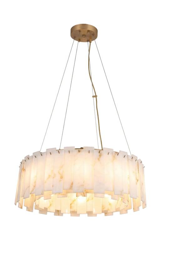 Marble chandelier photographed on a clean white studio background showcasing genuine natural stone and premium metal detailing.