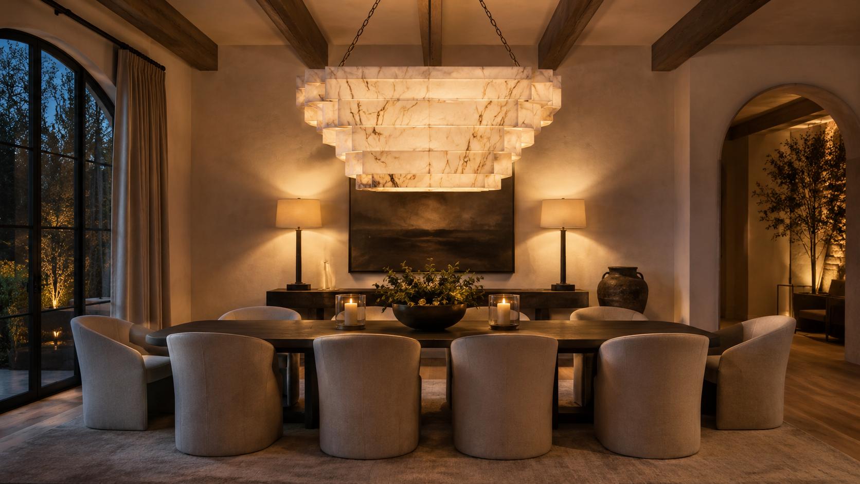 Luxury marble chandelier installed above a dining table in a contemporary hospitality interior, creating a refined architectural focal point.