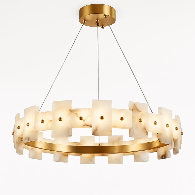 Marble chandelier photographed on a clean white studio background showcasing genuine natural stone and premium metal detailing.
