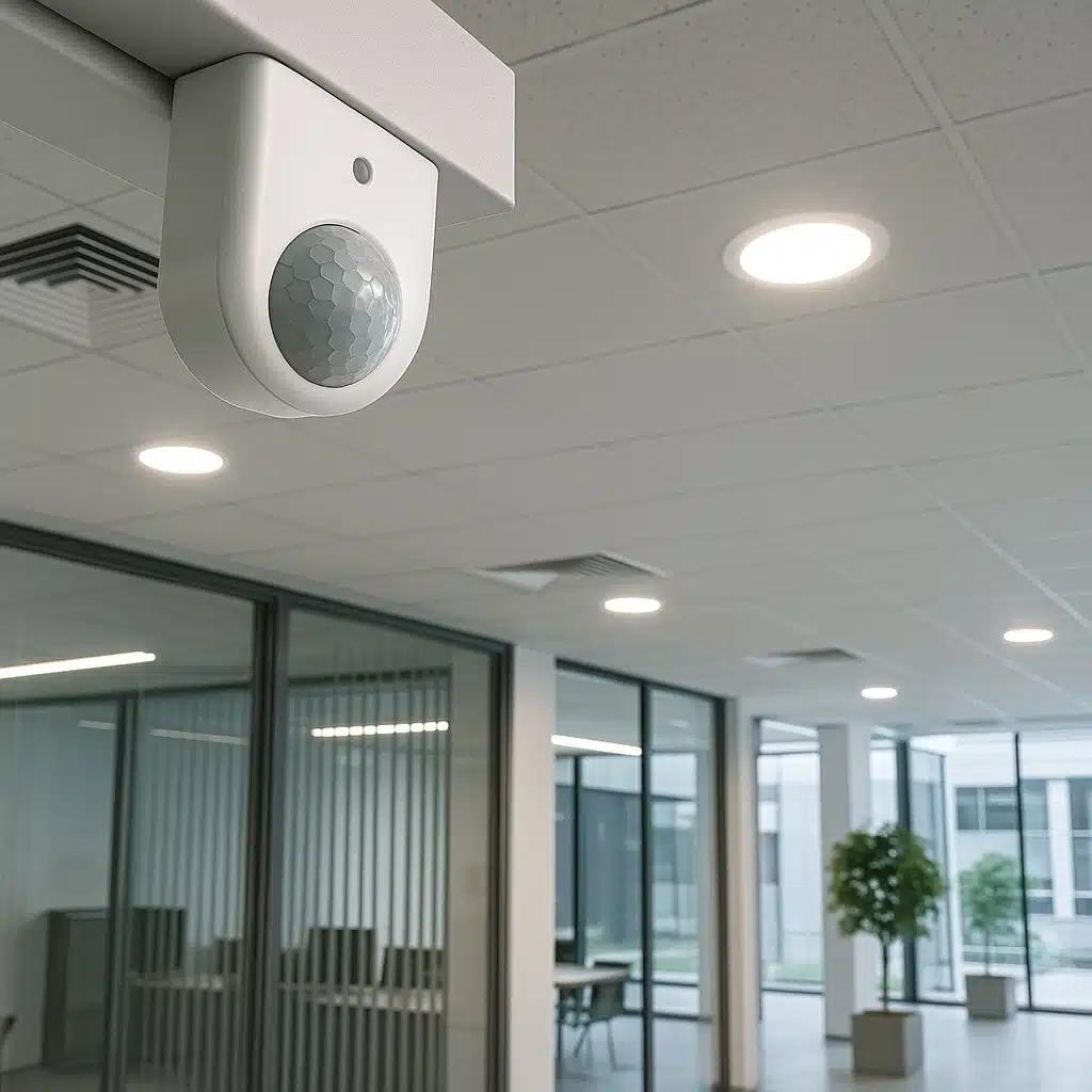 Motion sensor lighting control system installed in a contemporary office environment.