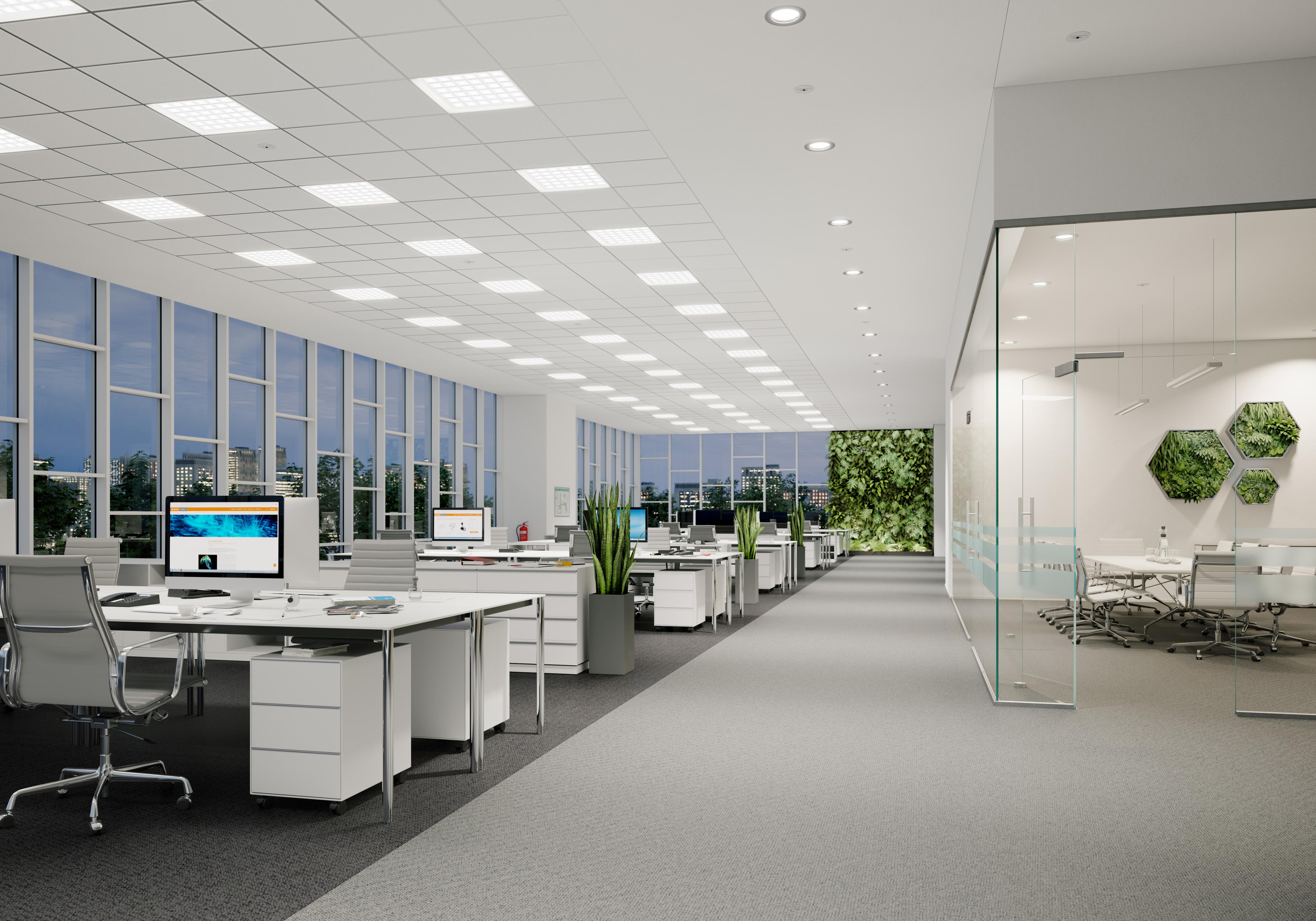 Low-glare recessed panel lighting providing comfortable illumination across a modern open-plan office