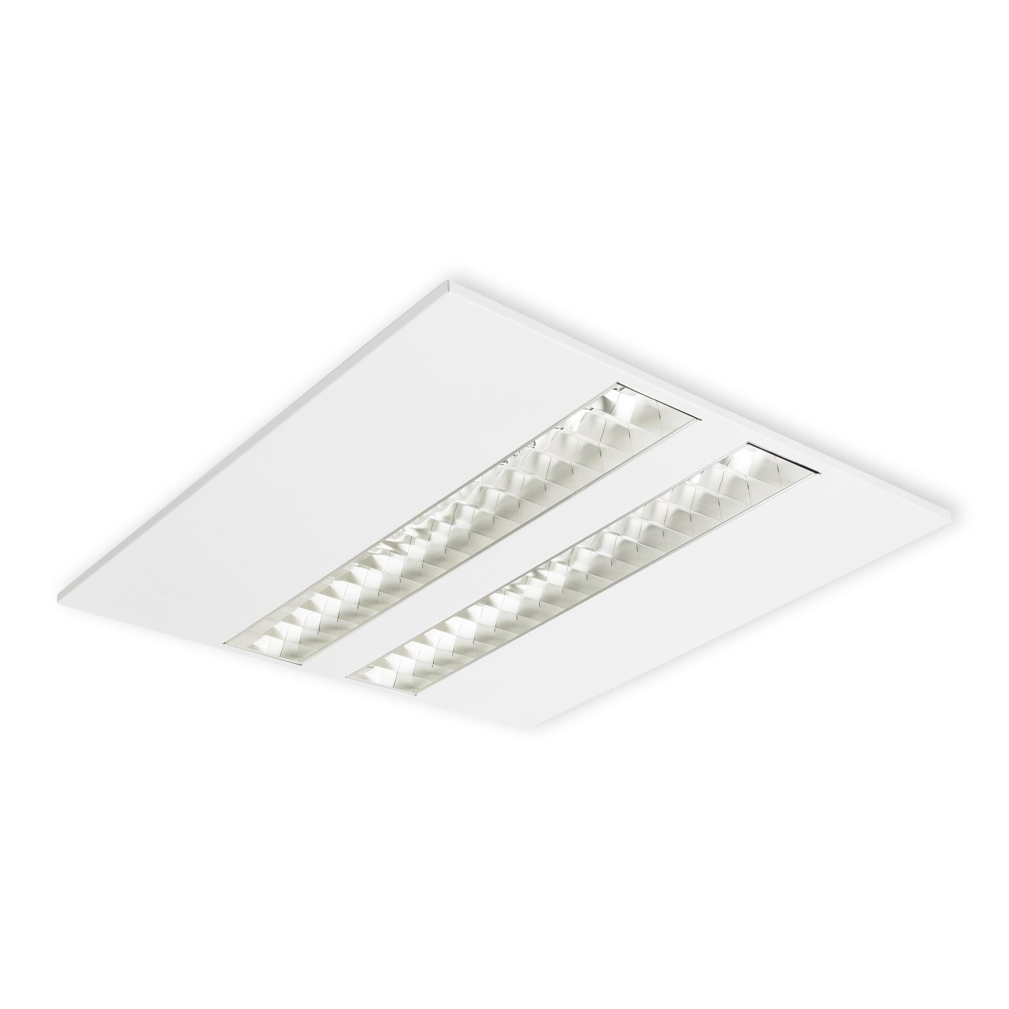 Recessed UGR office panel with a microprismatic low-glare diffuser on a white background