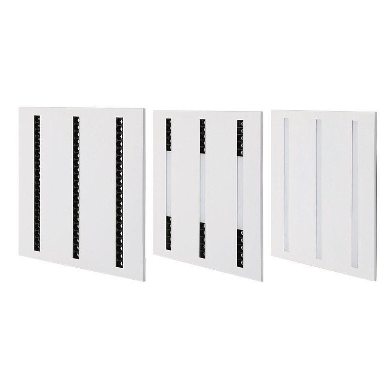 Low-glare office panel collection featuring different recessed optical designs for visual comfort