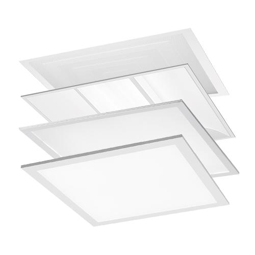 Low-glare office panel collection featuring different recessed optical designs for visual comfort