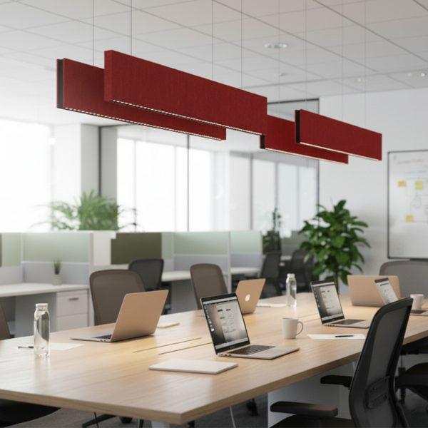 Acoustic suspended linear lights installed in a contemporary office environment.
