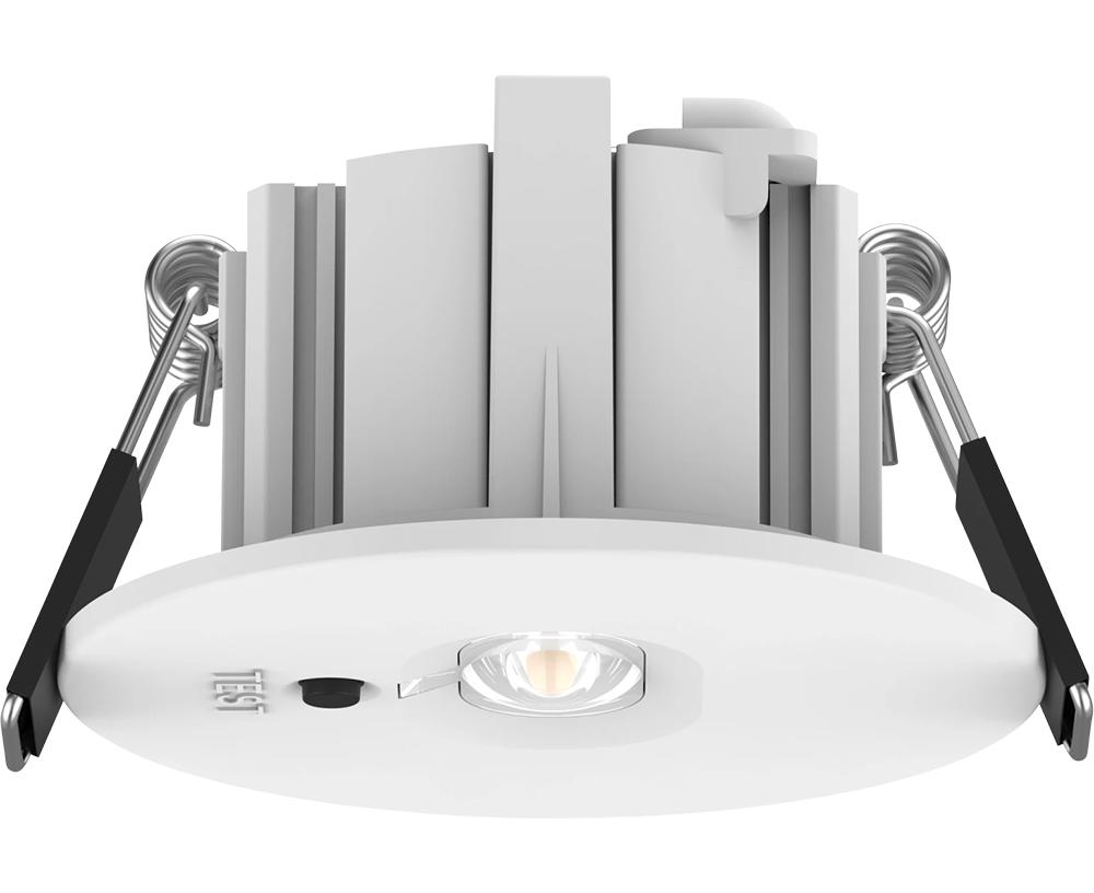 Emergency downlight family with alternative sizes and finish variations.