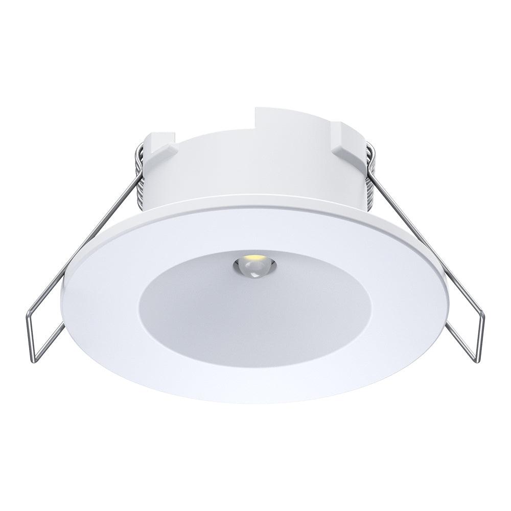 Front view of an emergency recessed downlight.