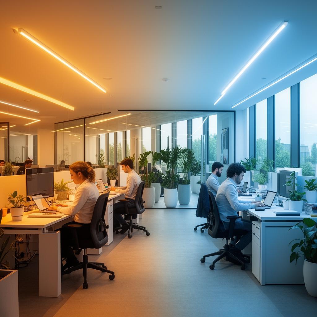 Human centric office lighting with dynamic colour temperature and adjustable illumination for contemporary workplaces