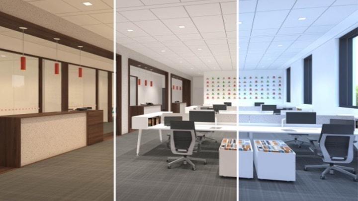 Human centric office lighting with dynamic colour temperature and adjustable illumination for contemporary workplaces