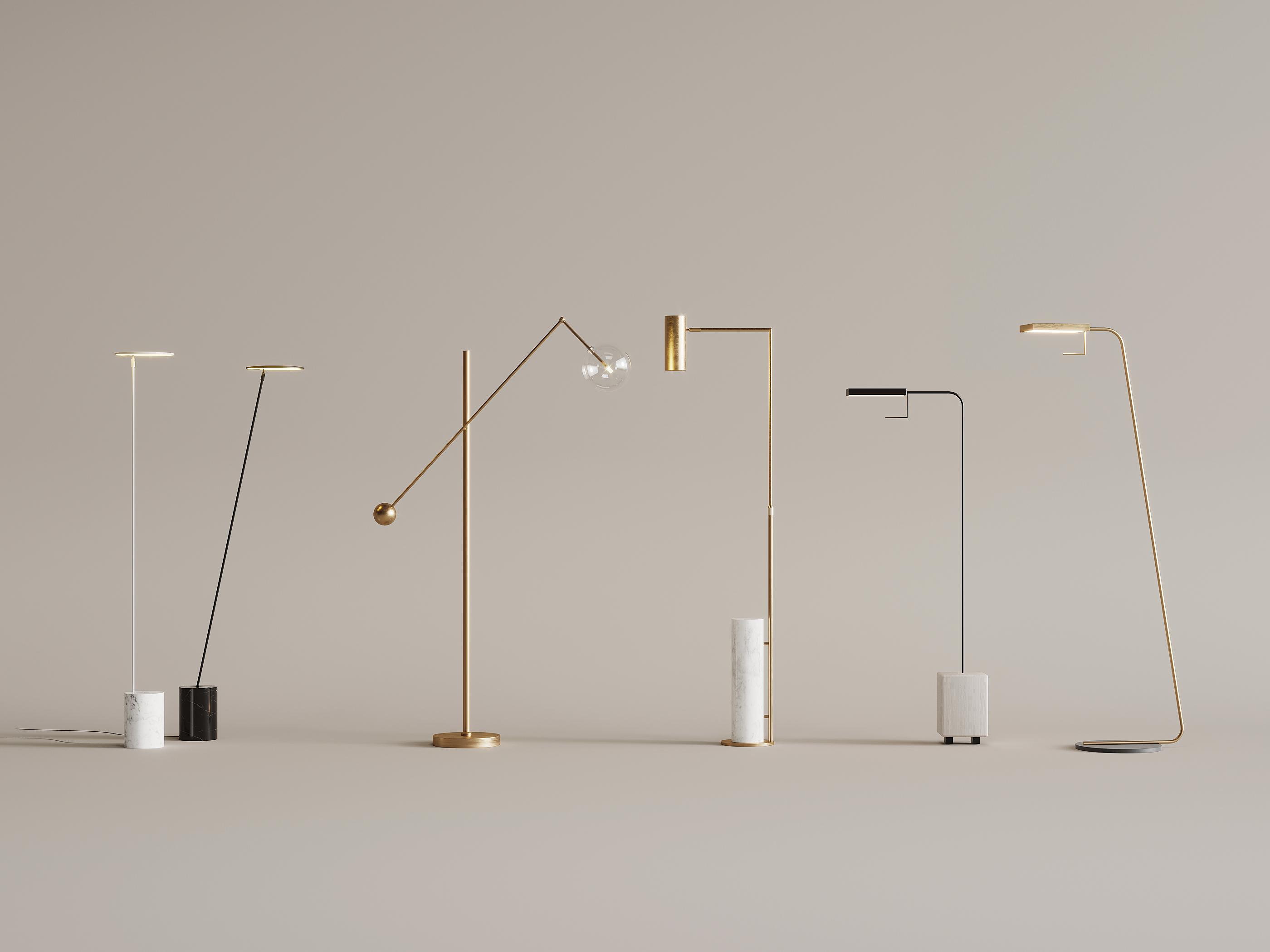 Collection of minimalist floor lamps featuring clean geometric forms and premium decorative finishes.