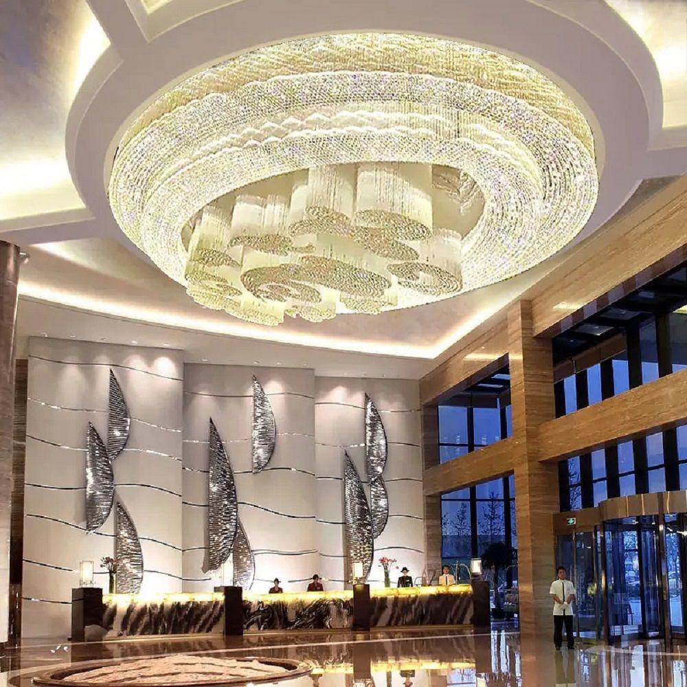 Crystal ceiling lights creating an elegant decorative atmosphere in a luxury hotel lobby