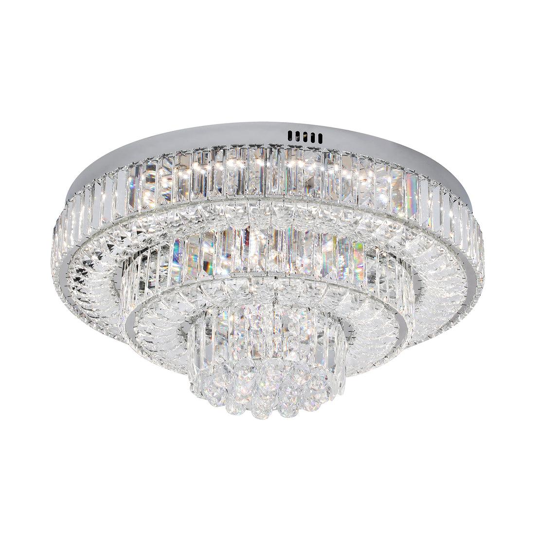 Crystal flush mount ceiling light with layered clear crystal elements on a white background