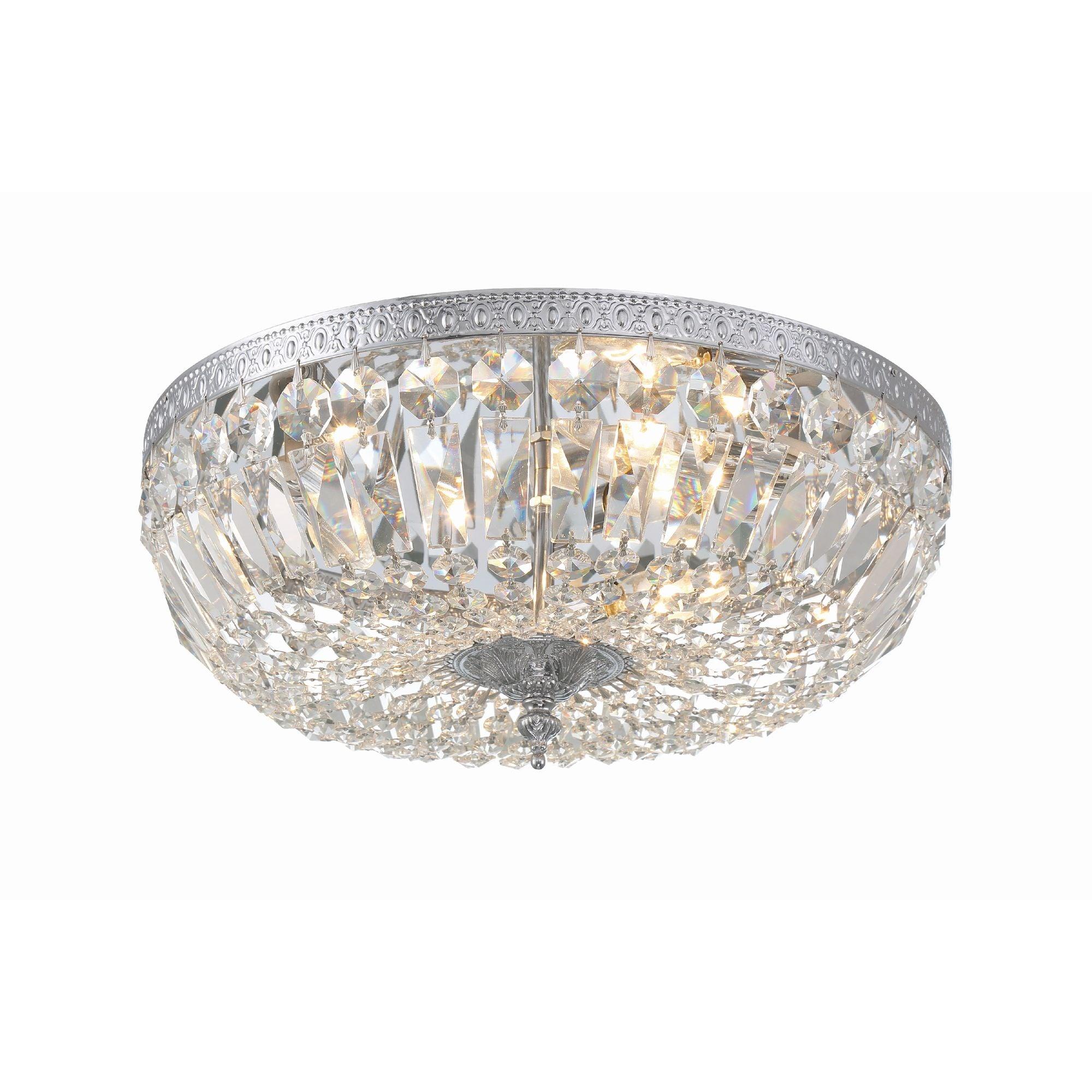 Crystal flush mount ceiling light with layered clear crystal elements on a white background