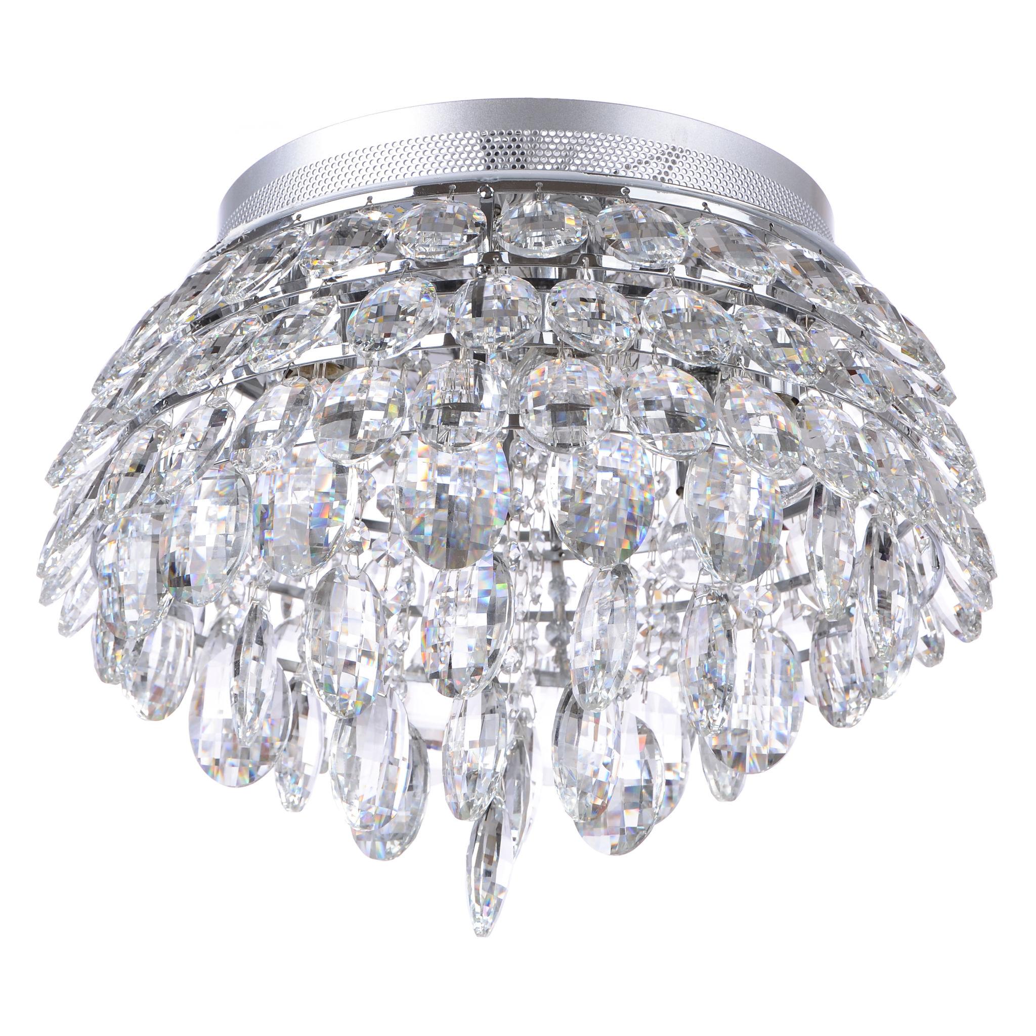 Crystal flush mount ceiling light with layered clear crystal elements on a white background