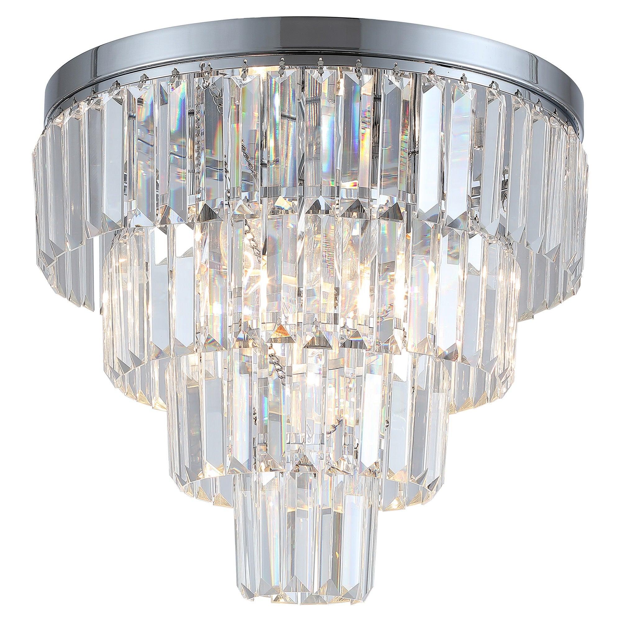 Crystal flush mount ceiling light with layered clear crystal elements on a white background