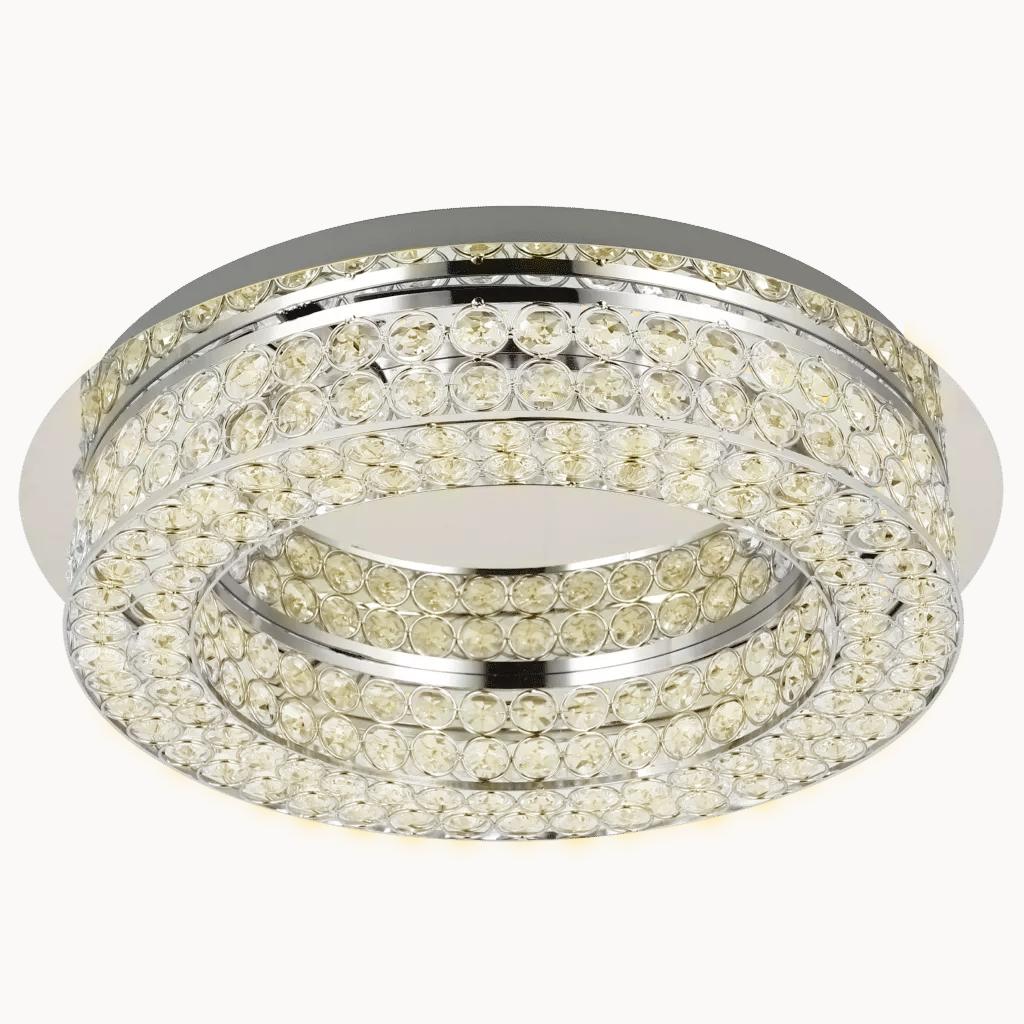 Crystal flush mount ceiling light with layered clear crystal elements on a white background