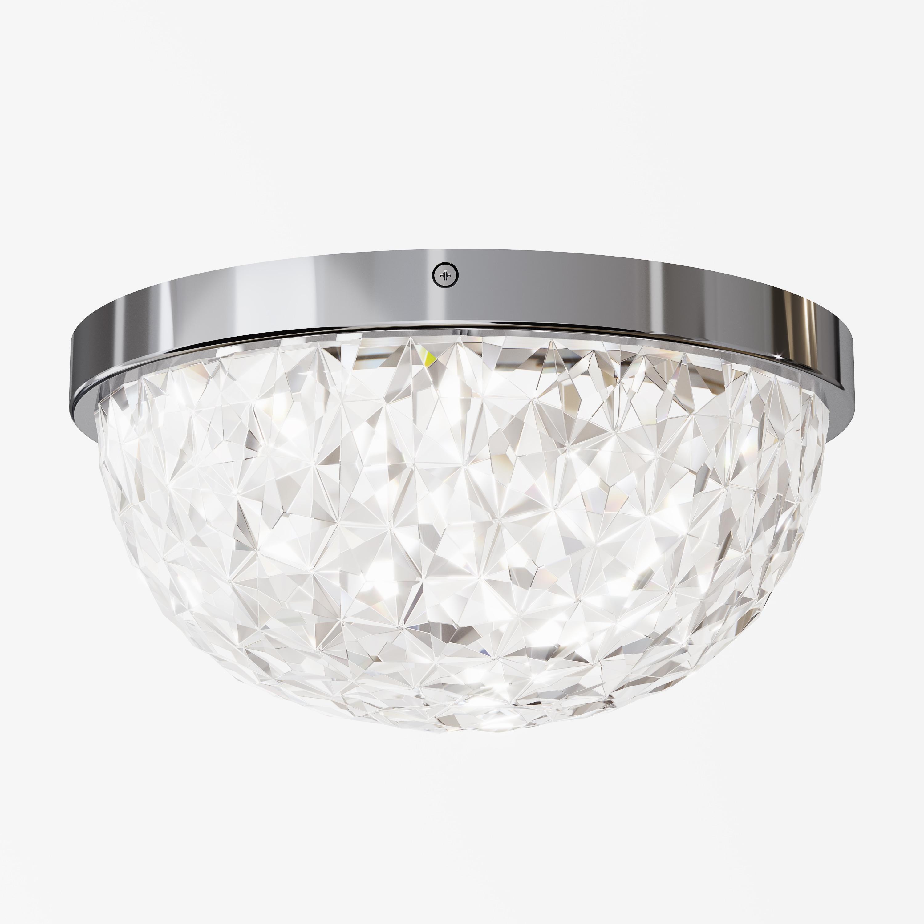 Crystal flush mount ceiling light with layered clear crystal elements on a white background