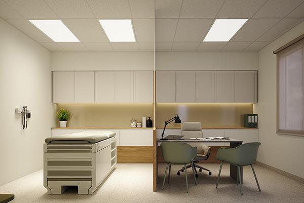 Recessed examination room lights installed in a contemporary healthcare environment.