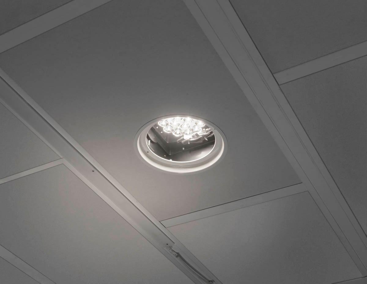 Front view of a recessed examination room lighting fixture.