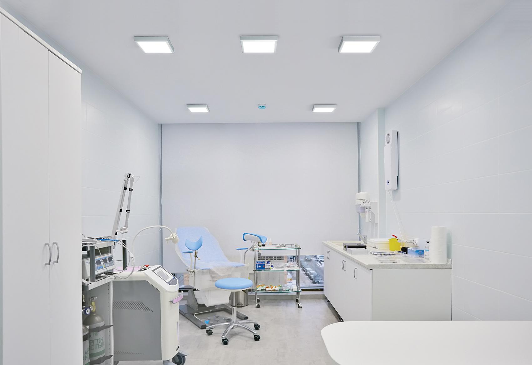 Examination room lighting family with size and configuration variations.